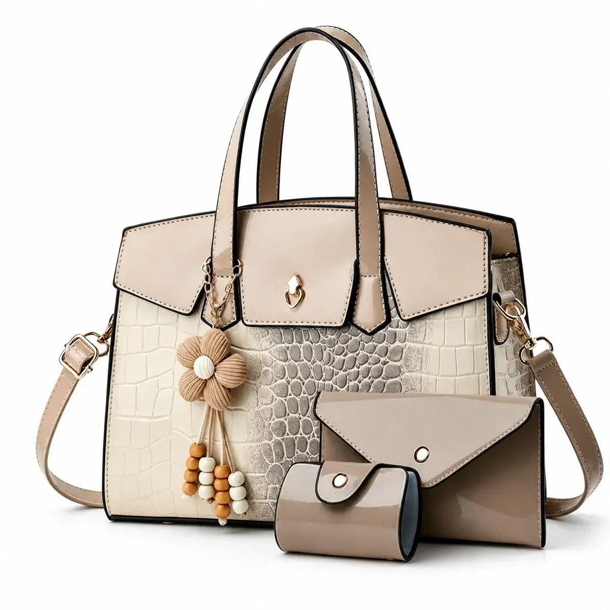 Crocodile Embossed Leather Tote Set - LURA