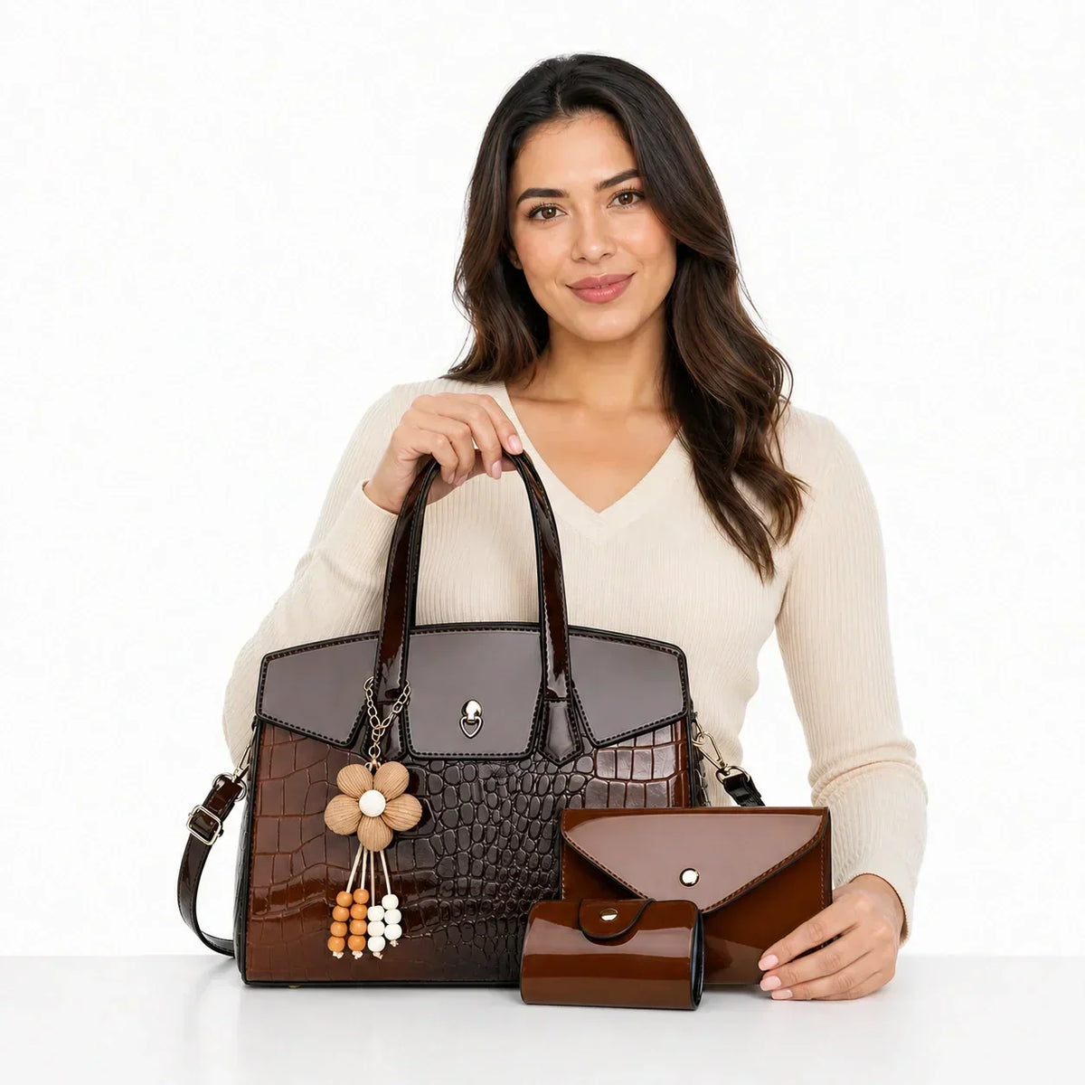 Crocodile Embossed Leather Tote Set - LURA