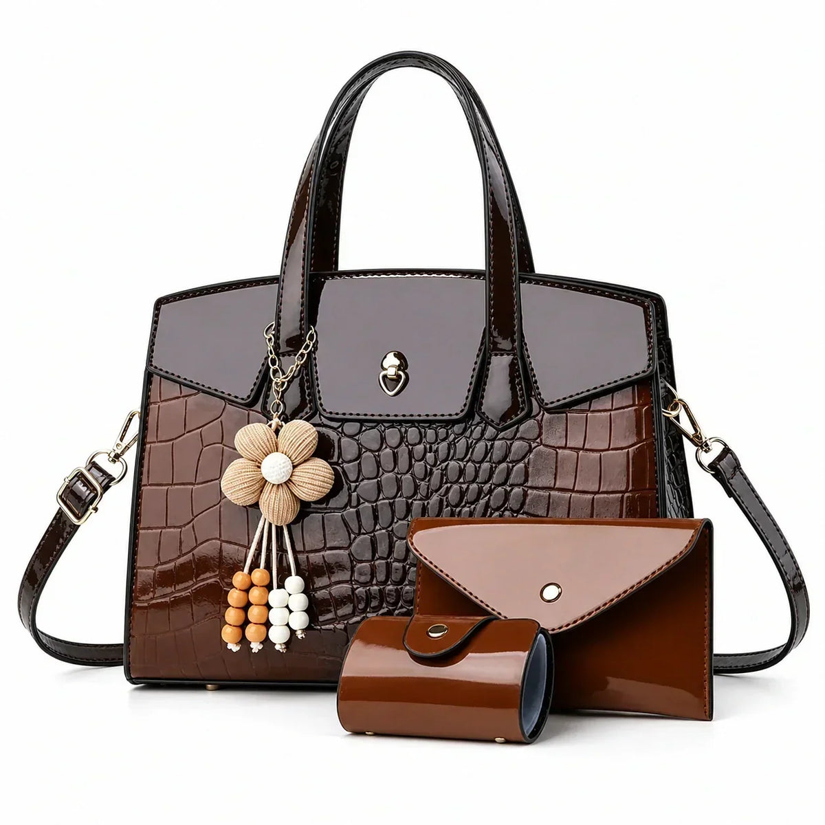 Crocodile Embossed Leather Tote Set - LURA