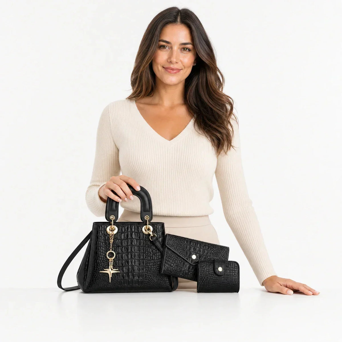Crocodile-Embossed Leather Bag Set - Winnie