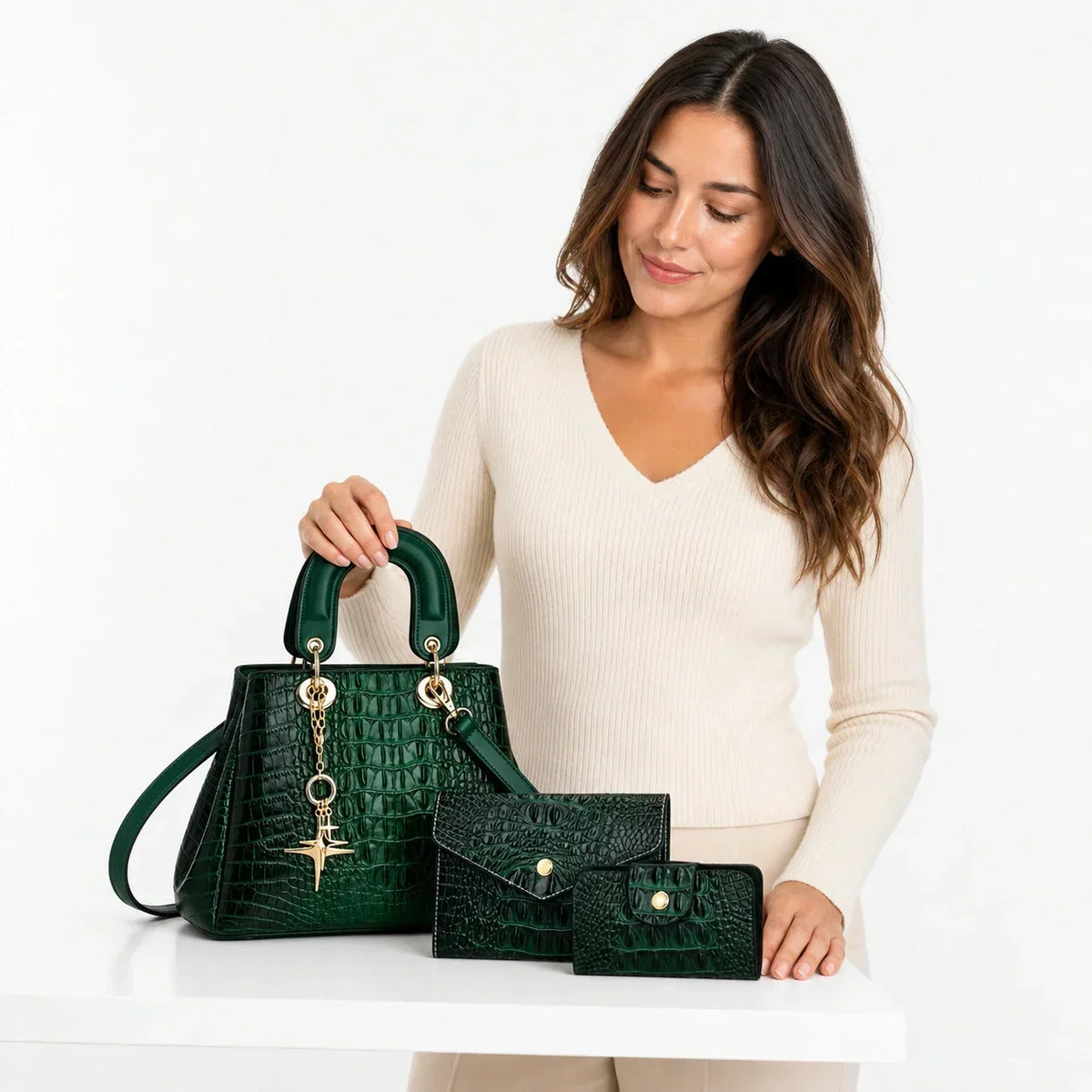 Crocodile-Embossed Leather Bag Set - Winnie