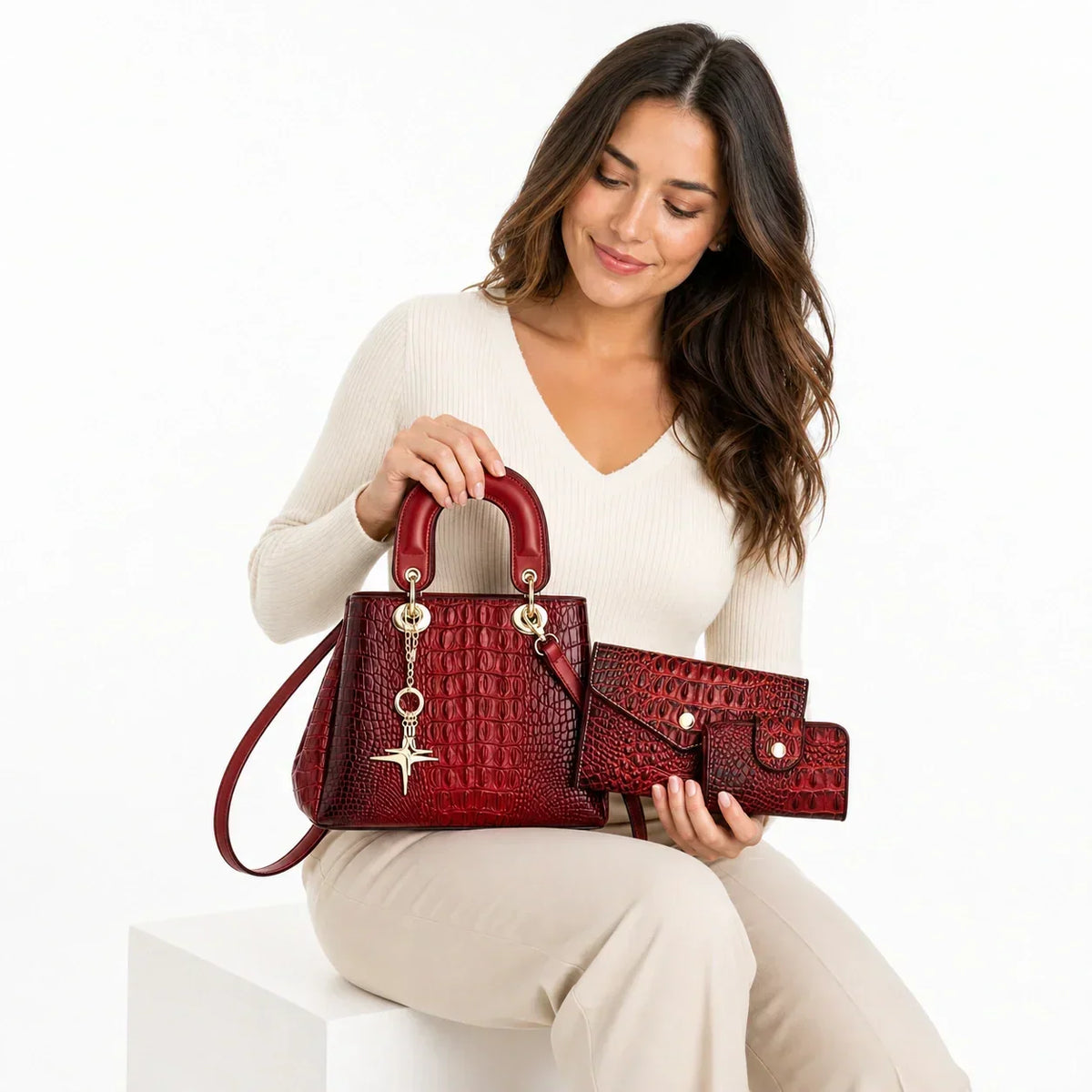 Crocodile-Embossed Leather Bag Set - Winnie
