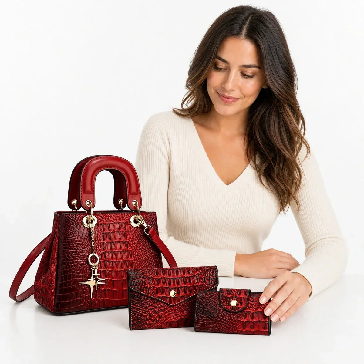 Crocodile-Embossed Leather Bag Set - Winnie