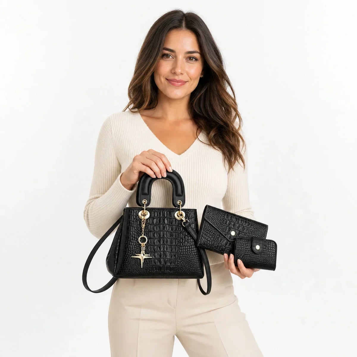 Crocodile-Embossed Leather Bag Set - Winnie